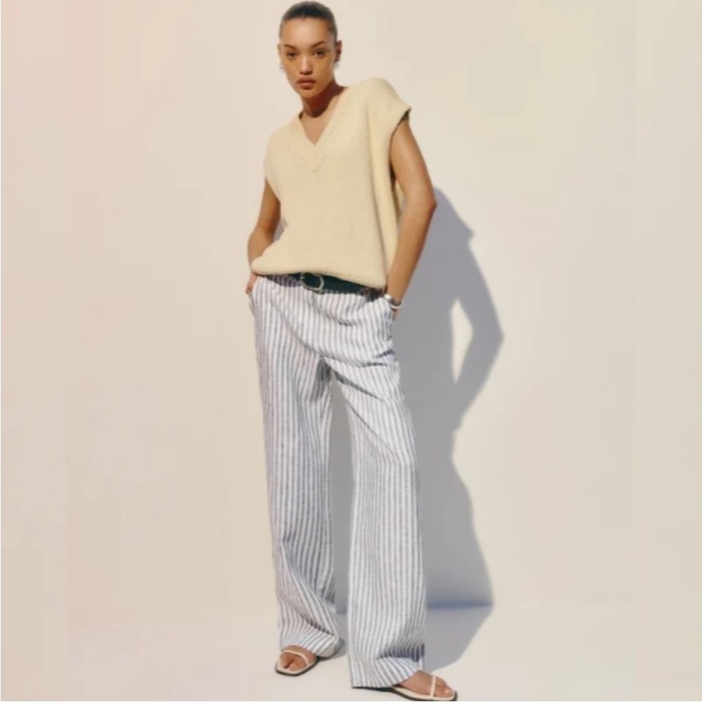 Reformation Striped Carter Linen Pants - White and Blue - Picture 2 of 9